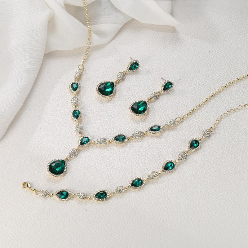 EleQueen Women's Wedding Bridal Jewelry Sets for Brides Bridesmaids, Cubic Zirconia Teardrop Necklace Tennis Bracelet Dangle Earrings Jewellery Set Emerald Color - Image 3